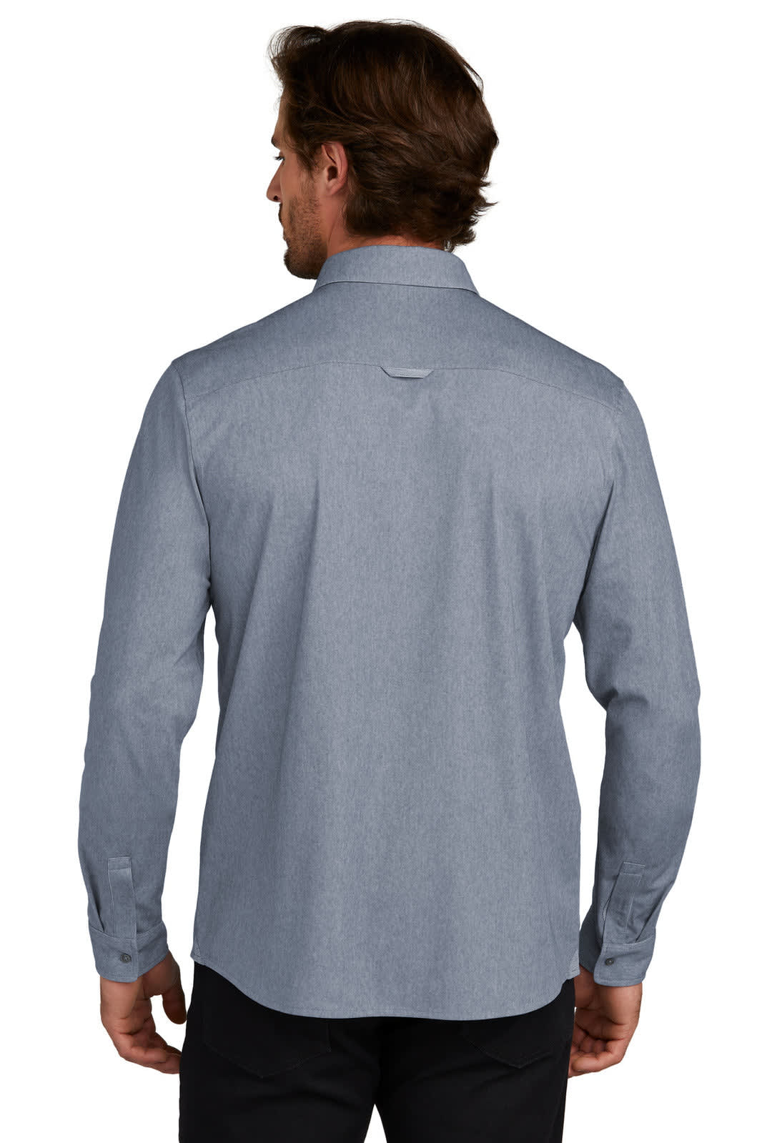 A long sleeve button-up shirt in a light blue shade, featuring a back yoke and a logo.