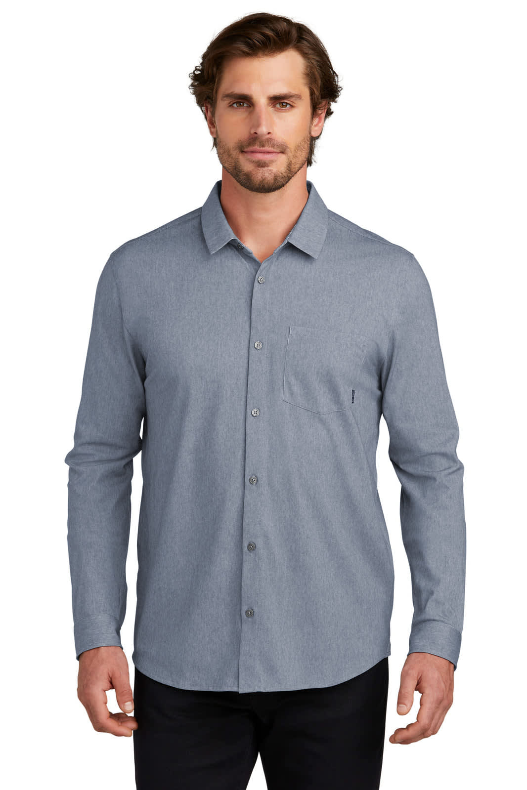 A long sleeve button-up shirt in a light blue shade with a pocket and a logo on it.