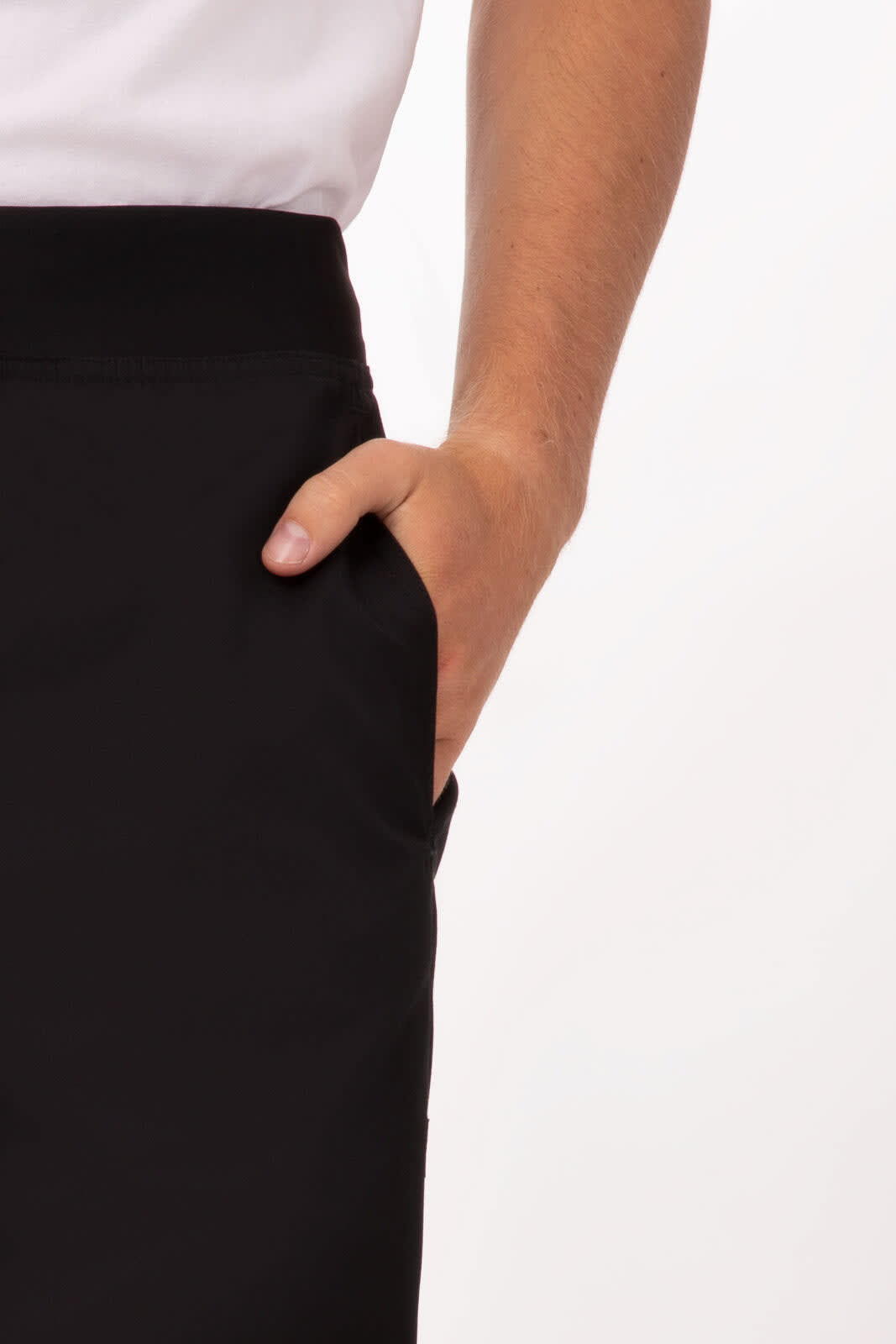 Lightweight slim men's chef pants in black, featuring a hand casually resting in a side pocket.