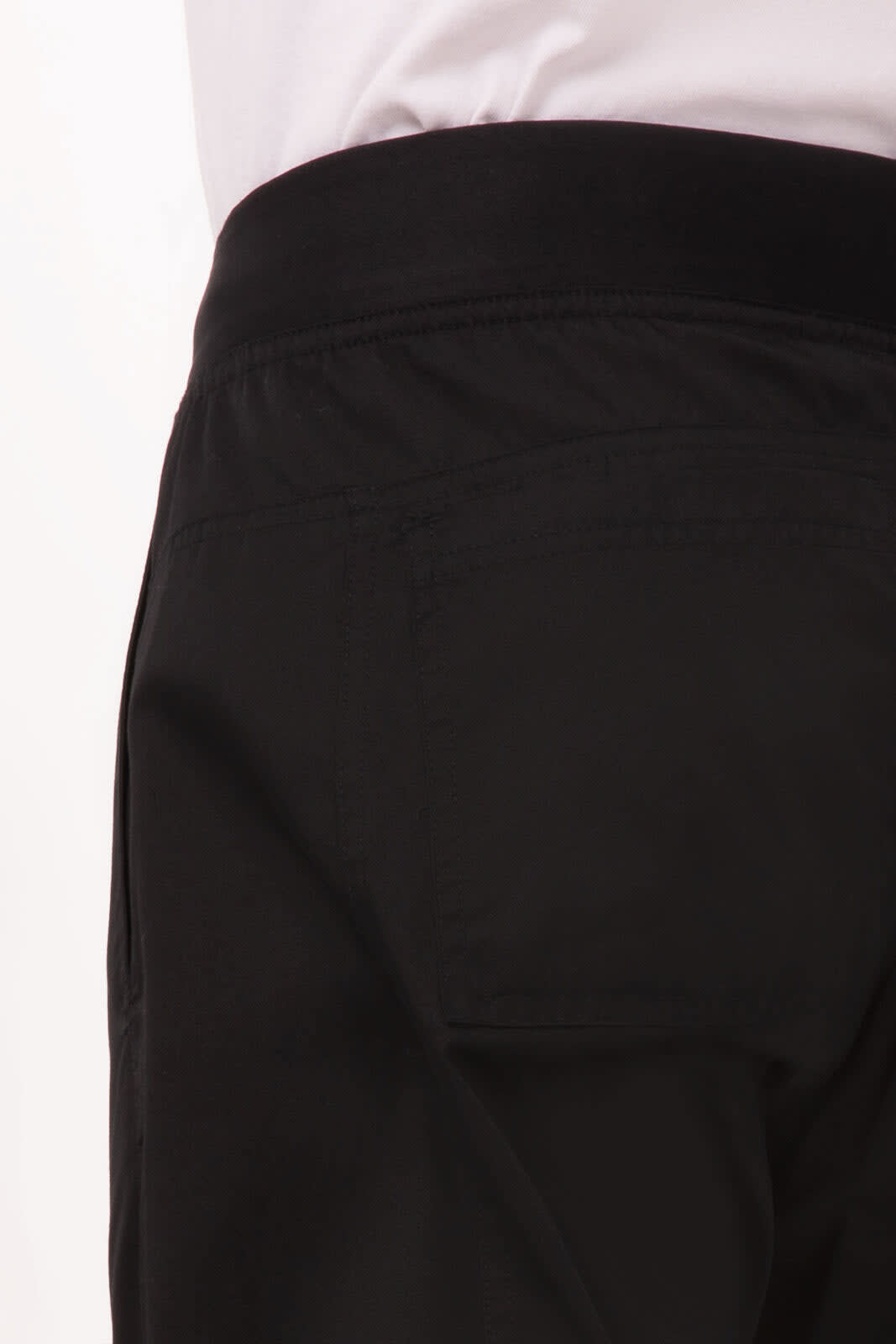 A pair of black lightweight slim men's chef pants featuring an elastic waistband and back pocket.