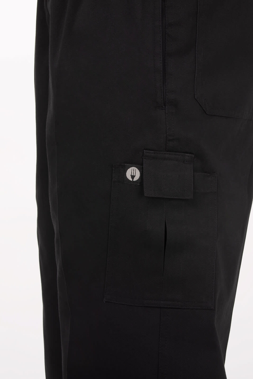 Black chef pants featuring a side pocket and a button detail, designed for comfort and functionality.