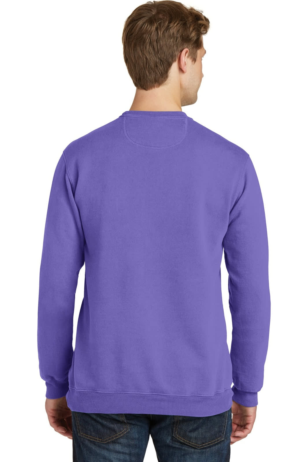 A purple crewneck sweatshirt with a standard fit, featuring long sleeves and a logo on the back.