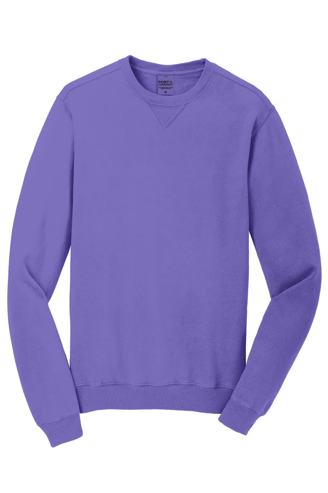 A purple crewneck sweatshirt with long sleeves and a ribbed hem. It features a logo on the label.