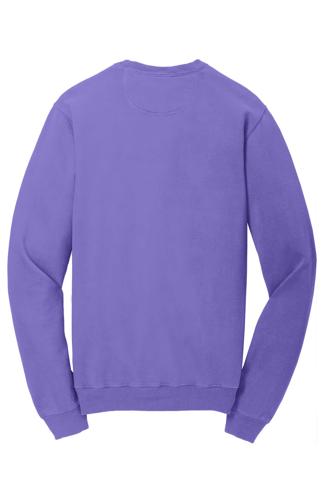 A purple crewneck sweatshirt with long sleeves and a ribbed hem. Features a branding logo.