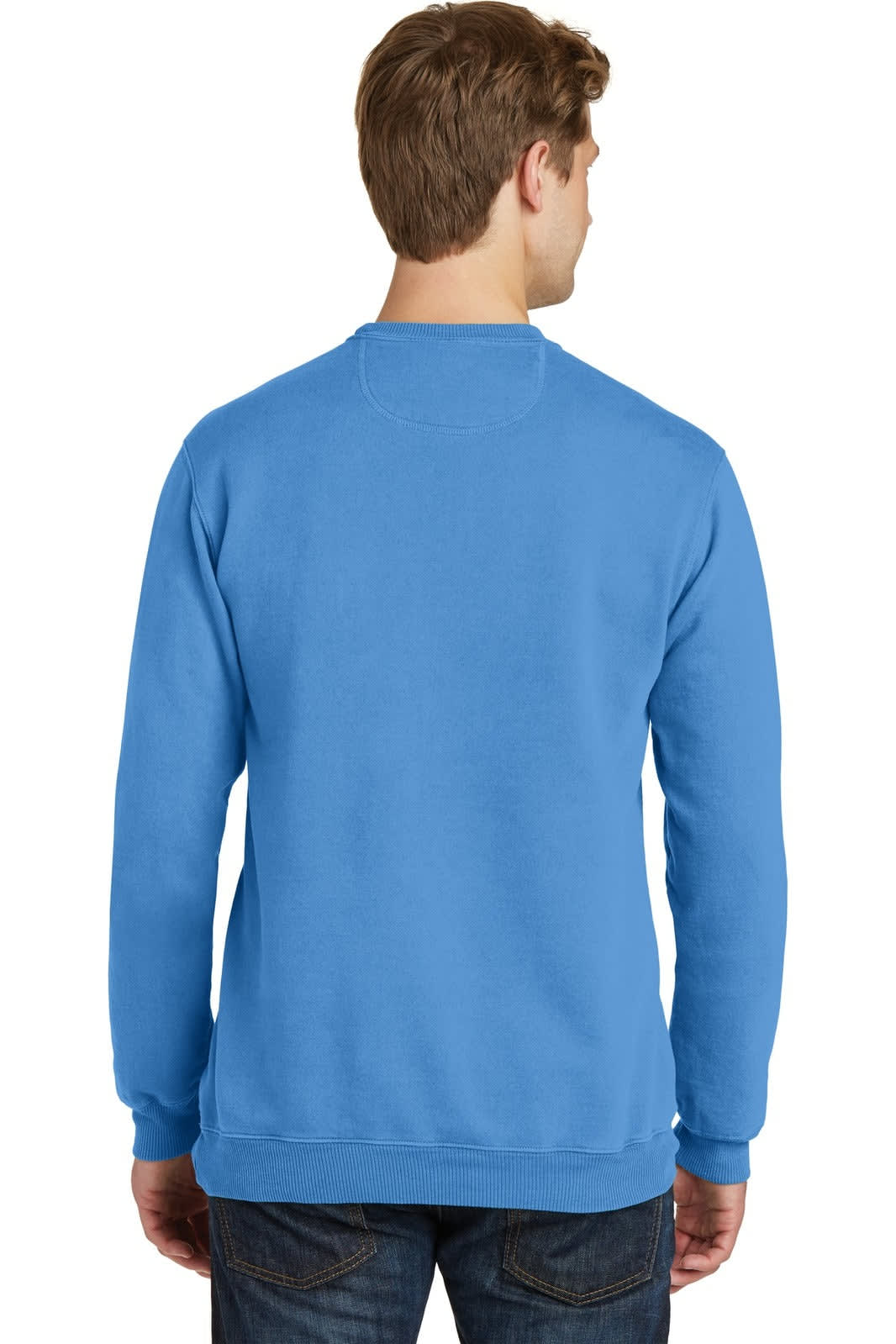 A crewneck sweatshirt in vibrant blue with a plain back and a logo on the upper neck area.