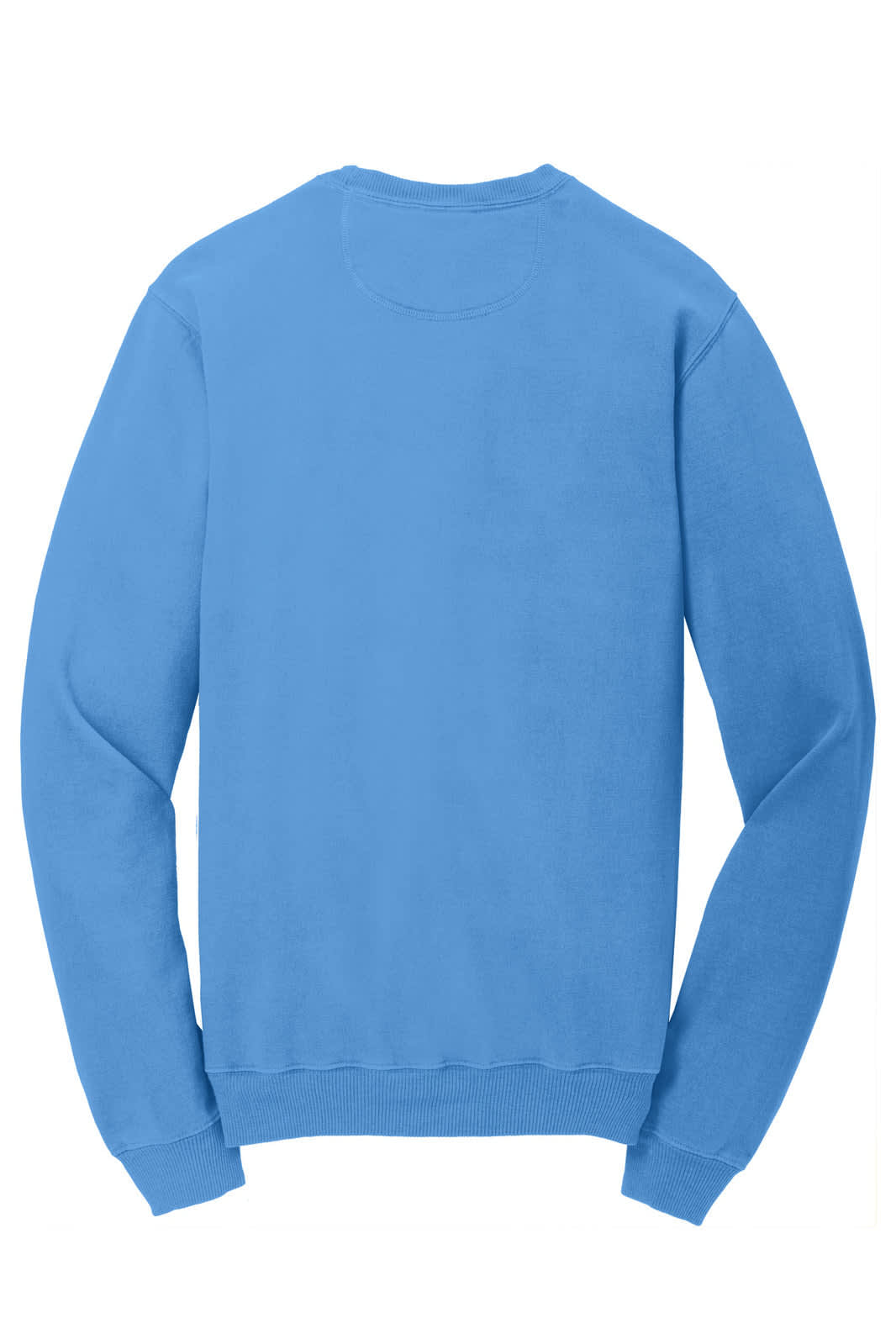 A blue crewneck sweatshirt with long sleeves and a ribbed hem. It features a branding logo.