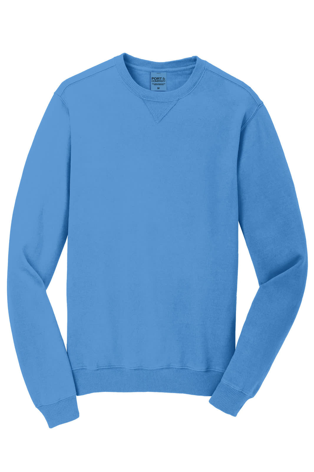 A blue crewneck sweatshirt with long sleeves and a ribbed hem, featuring a branding logo.