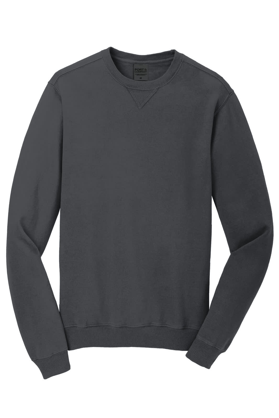 A dark grey crewneck sweatshirt with long sleeves and a simple design. It features a small logo.