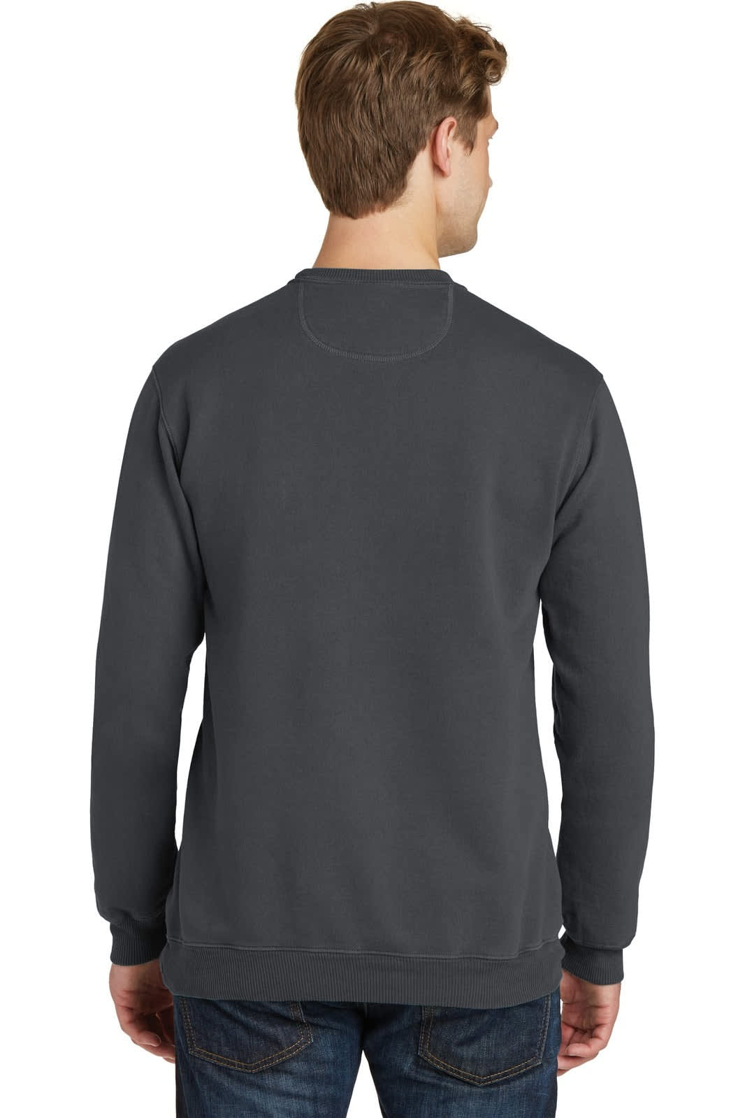 A dark grey crewneck sweatshirt featuring a plain back design and ribbed cuffs. It has a logo on the upper back.