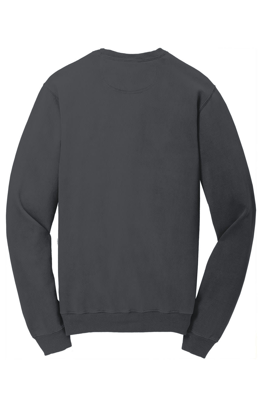 A dark grey crewneck sweatshirt with long sleeves and a simple design, featuring a logo on the back.