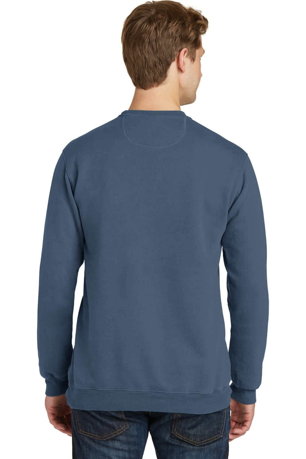 A back view of a blue crewneck sweatshirt, featuring a ribbed collar and cuffs. The garment has a logo.