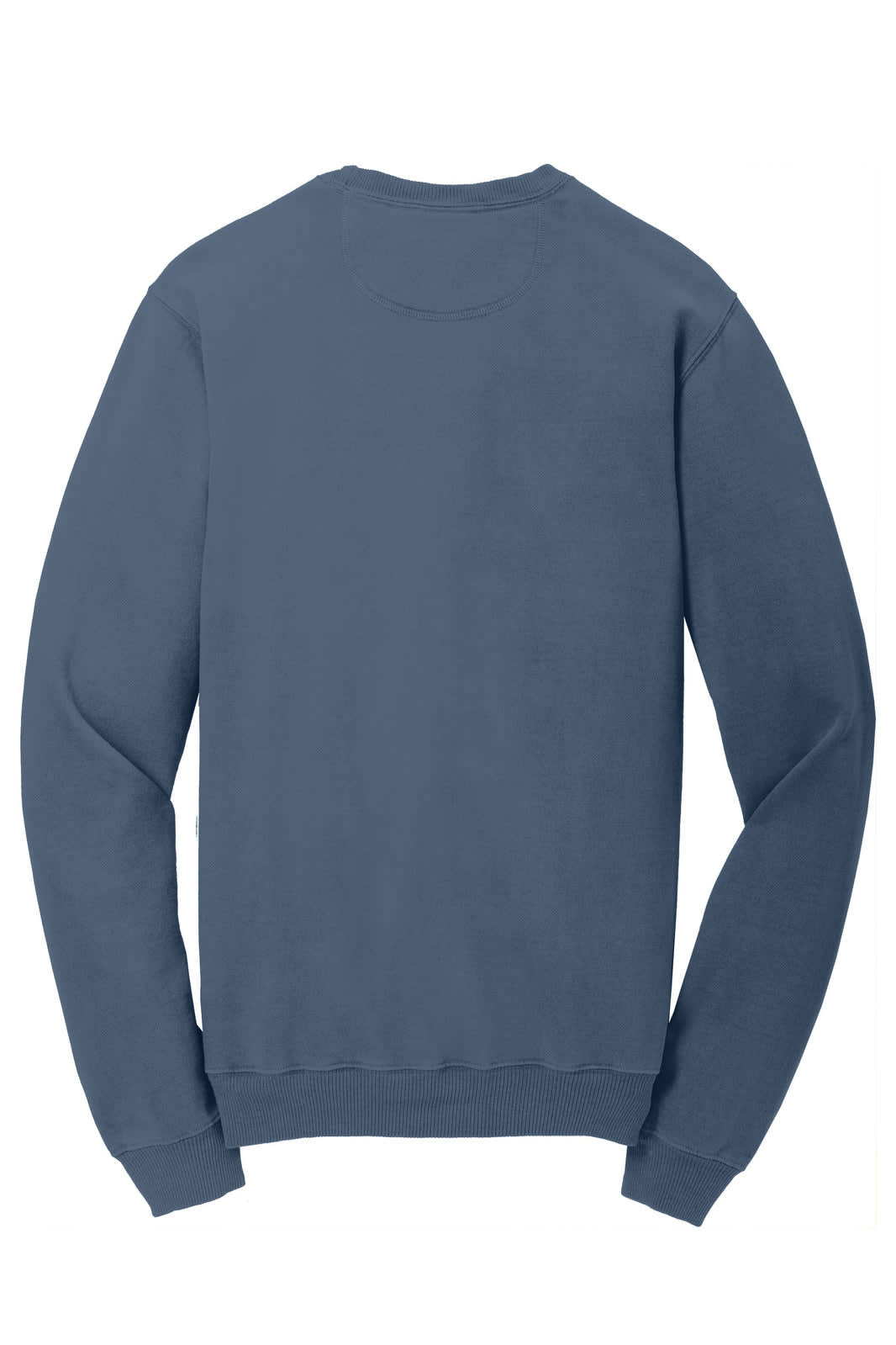 A blue pigment-dyed crewneck sweatshirt with long sleeves and a back view. It features a logo.