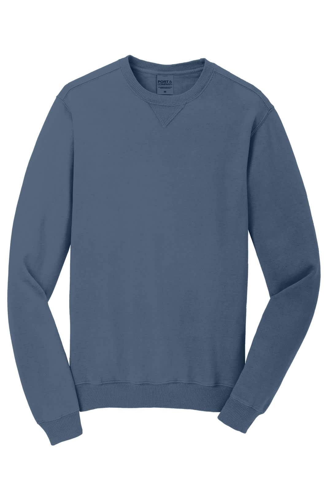 A crewneck sweatshirt in a muted blue colour, featuring long sleeves and a relaxed fit. It has a logo.