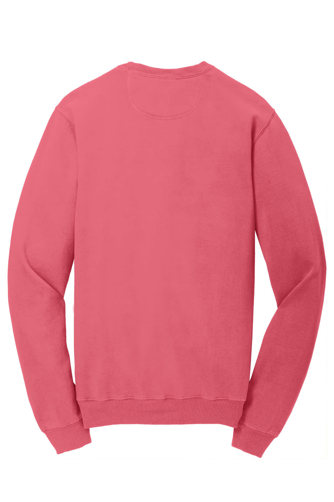A pastel pink crewneck sweatshirt with long sleeves and a simple, classic design. Features a logo on the back.