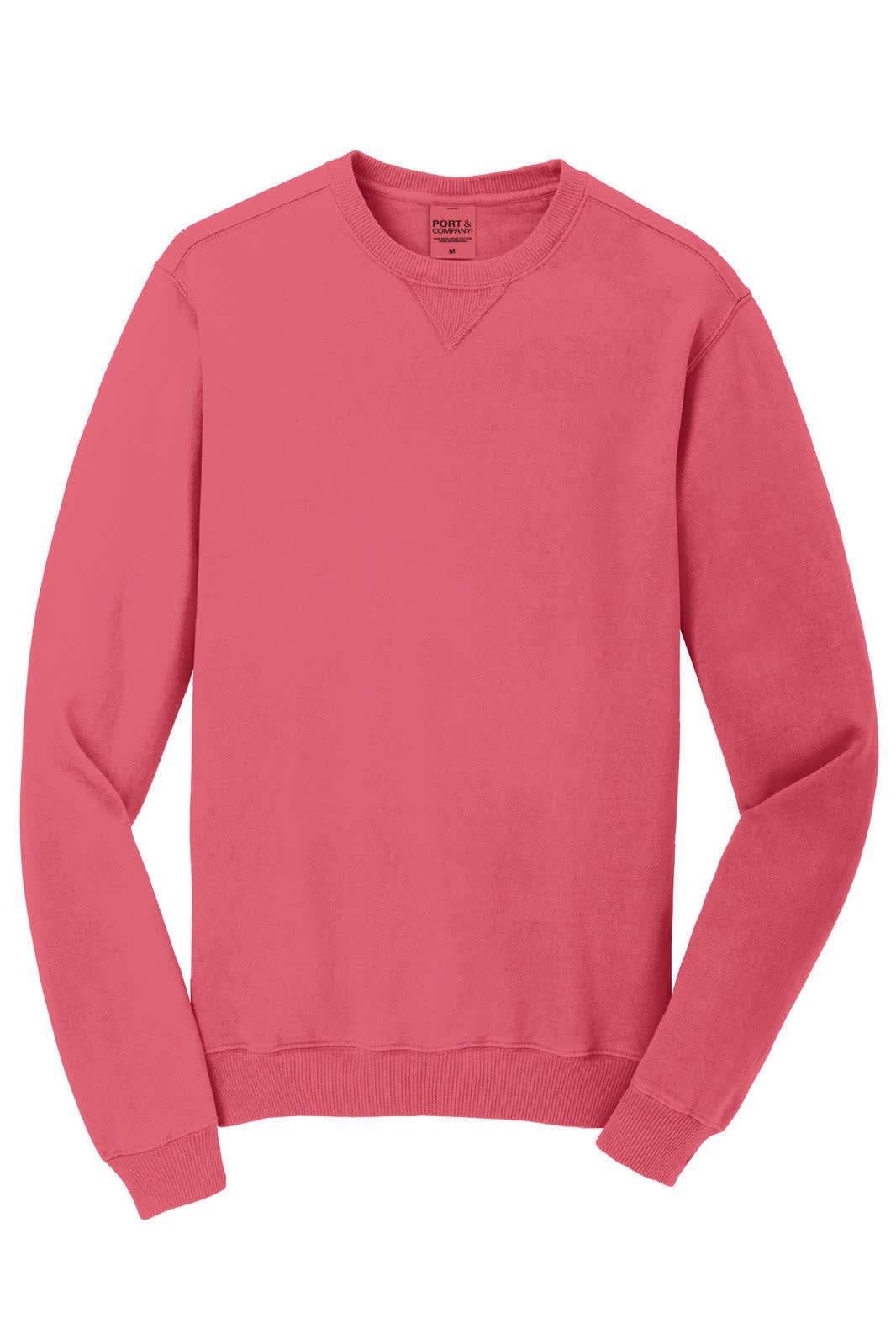 A pink crewneck sweatshirt with a classic fit and long sleeves, featuring a logo on the label.