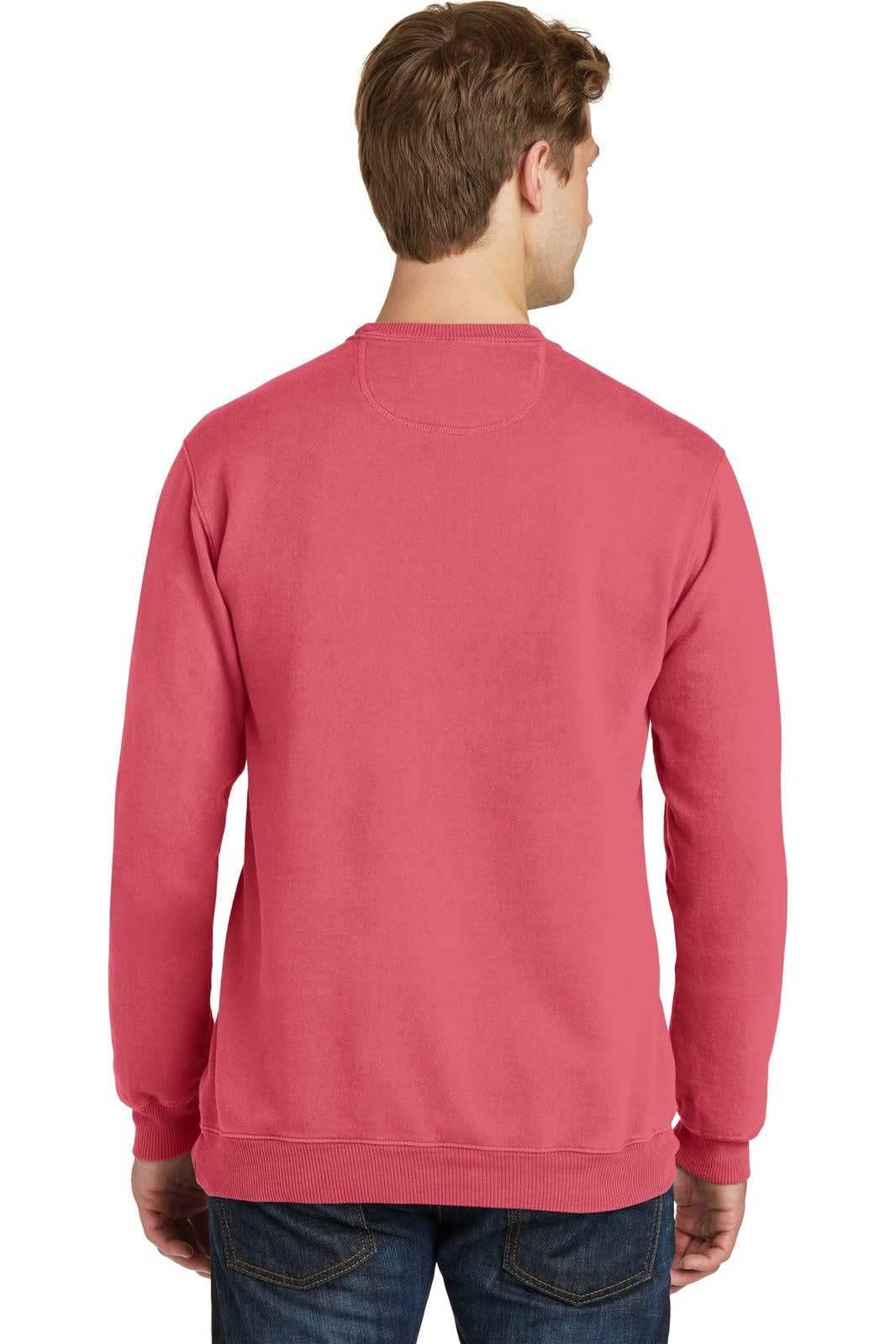A crewneck sweatshirt in a pigmented coral colour, featuring a simple design and fitted cuffs and hem.
