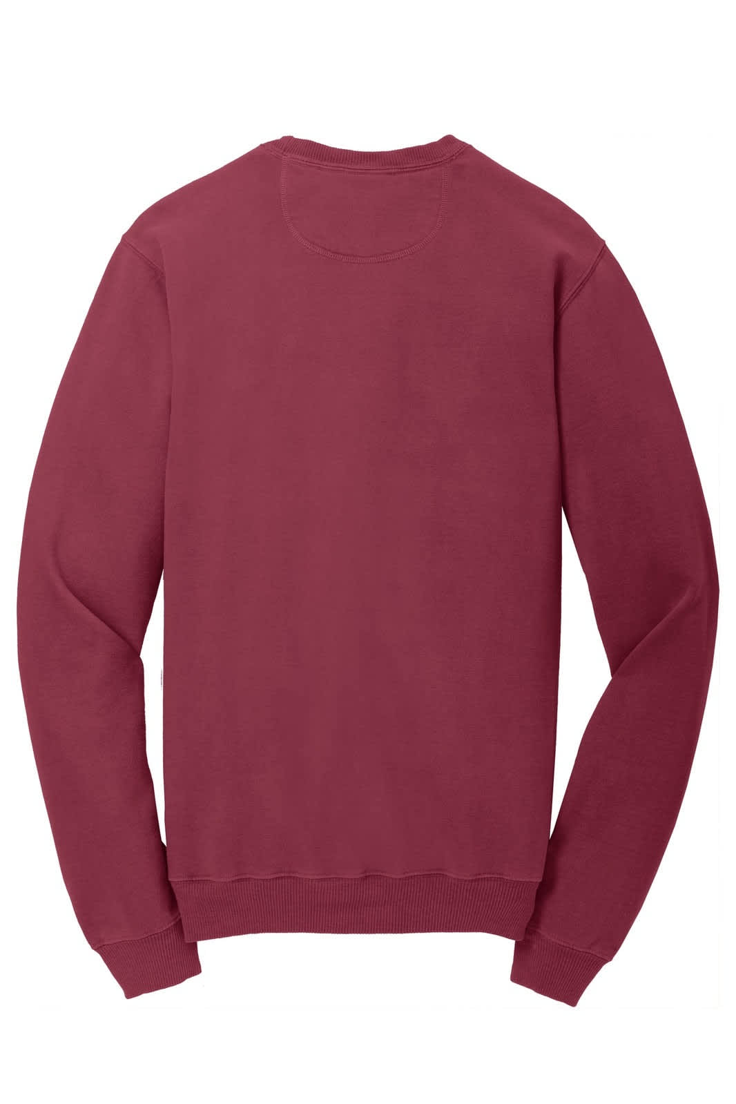 A maroon crewneck sweatshirt with long sleeves, featuring a plain back view and a logo.