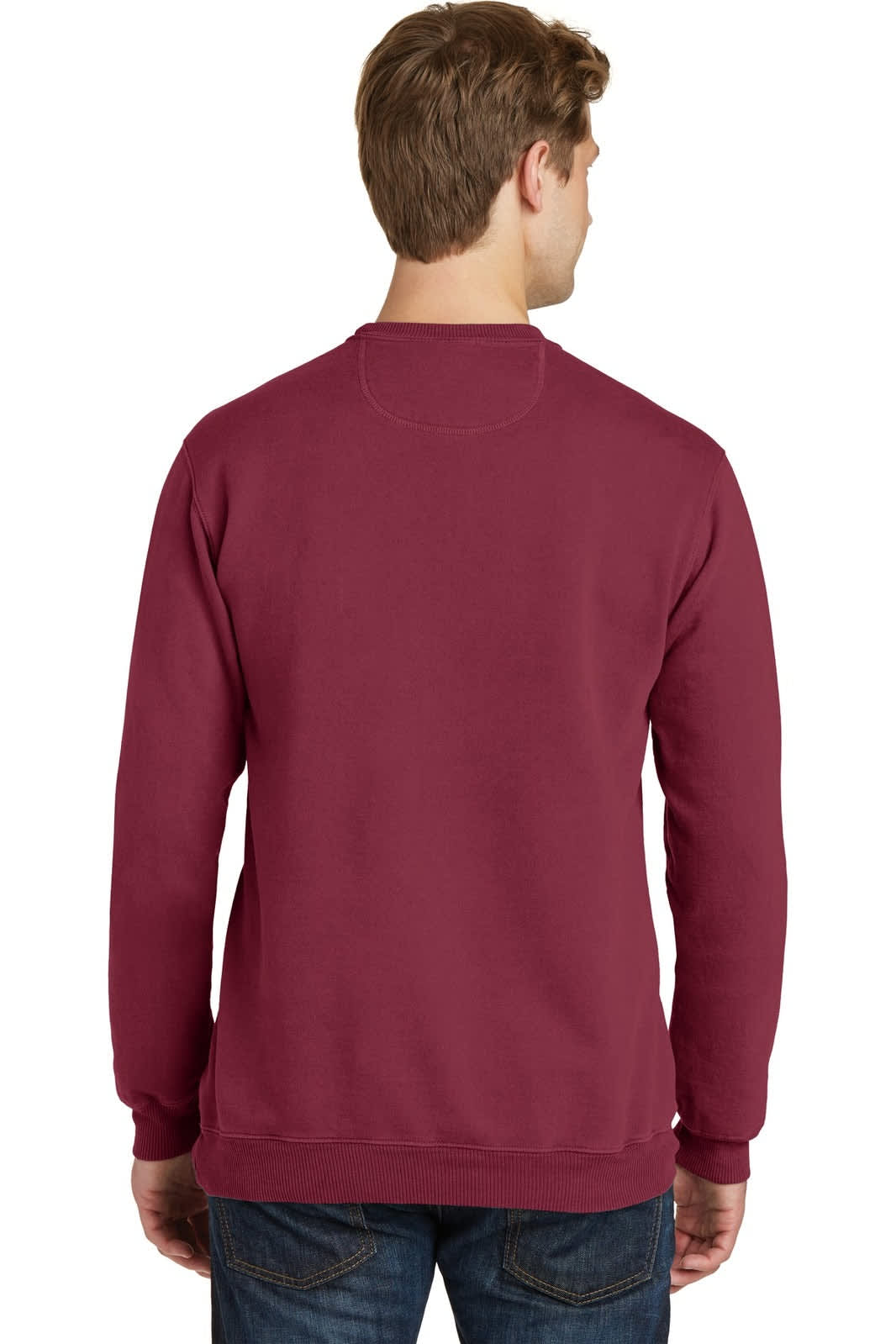 A maroon crewneck sweatshirt is displayed from the back, featuring a simple design and a logo.