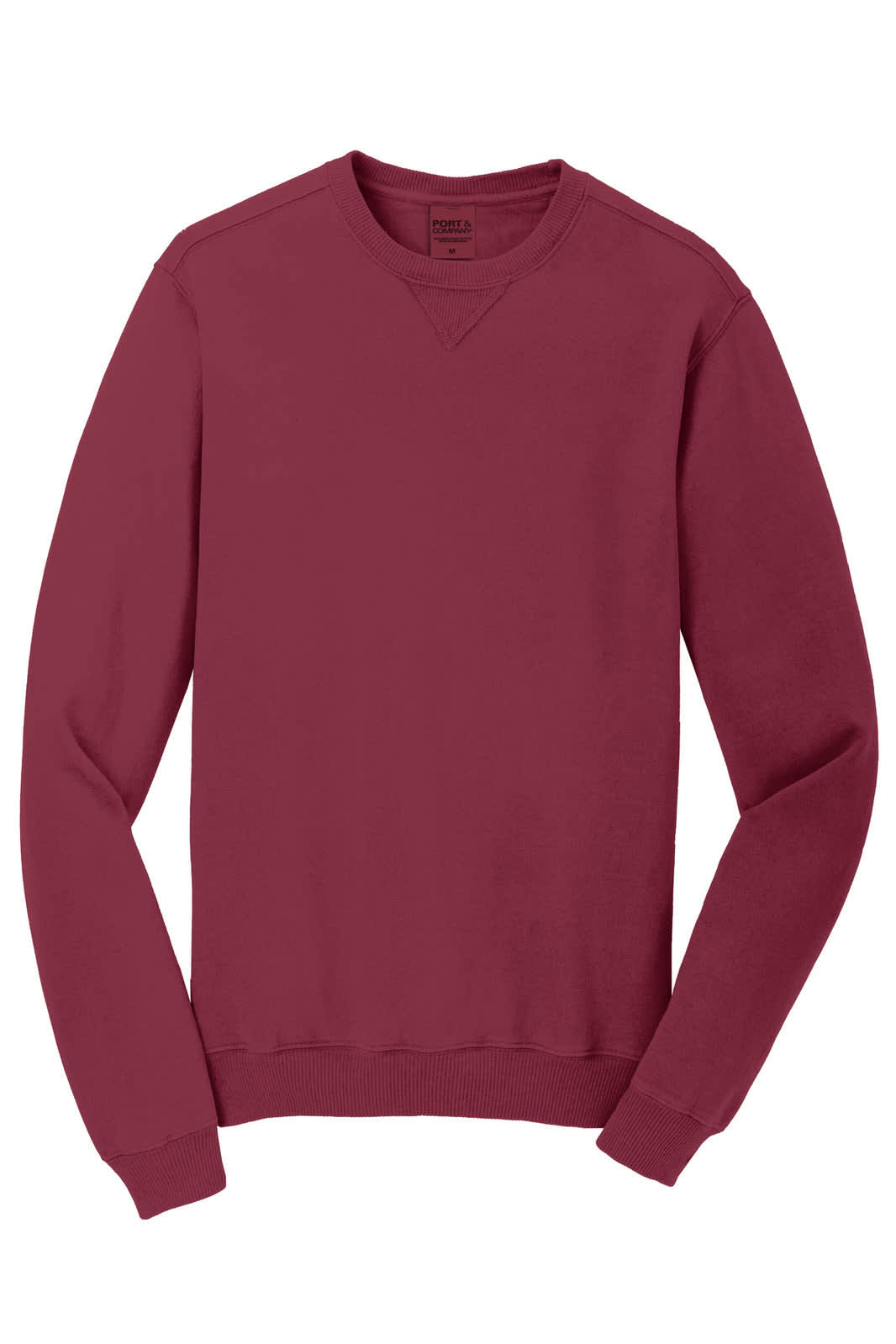 A maroon crewneck sweatshirt with long sleeves and a simple design. The garment features a logo.