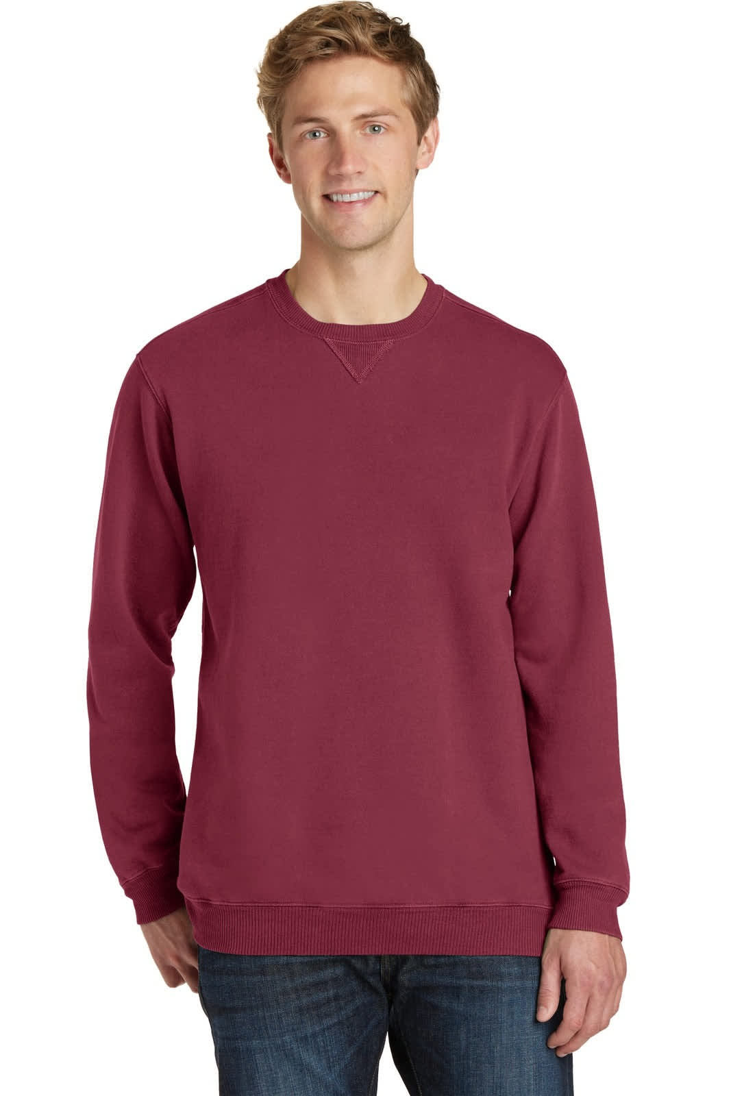 A maroon crewneck sweatshirt displayed on a model, featuring a classic design. The sweatshirt has a brand logo.