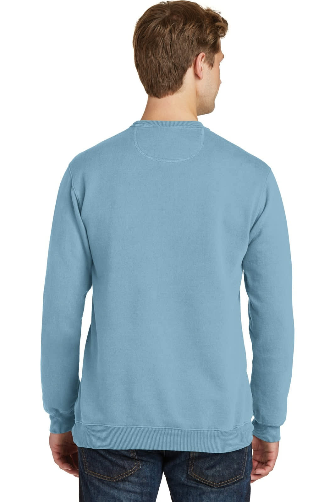 A pastel blue crewneck sweatshirt viewed from the back, featuring ribbed cuffs and hem. It has a logo on the garment.