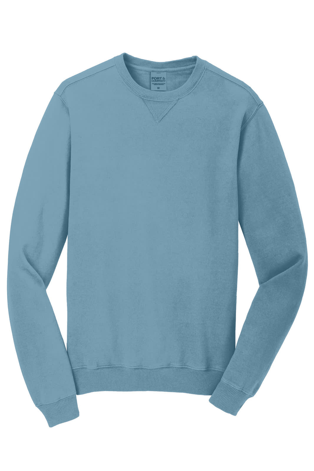 A light blue crewneck sweatshirt featuring long sleeves and a ribbed neckline. It has a logo on the label.