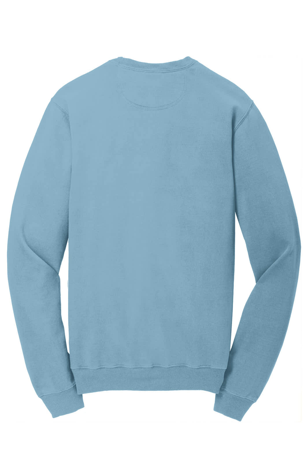 A light blue crewneck sweatshirt with long sleeves and a relaxed fit, featuring a logo on the back.