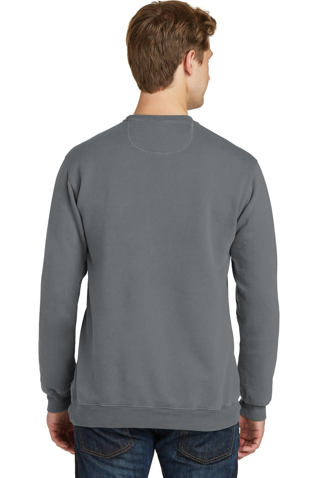 A grey pigment-dyed crewneck sweatshirt with a casual fit and a simple design, featuring a logo on the back.