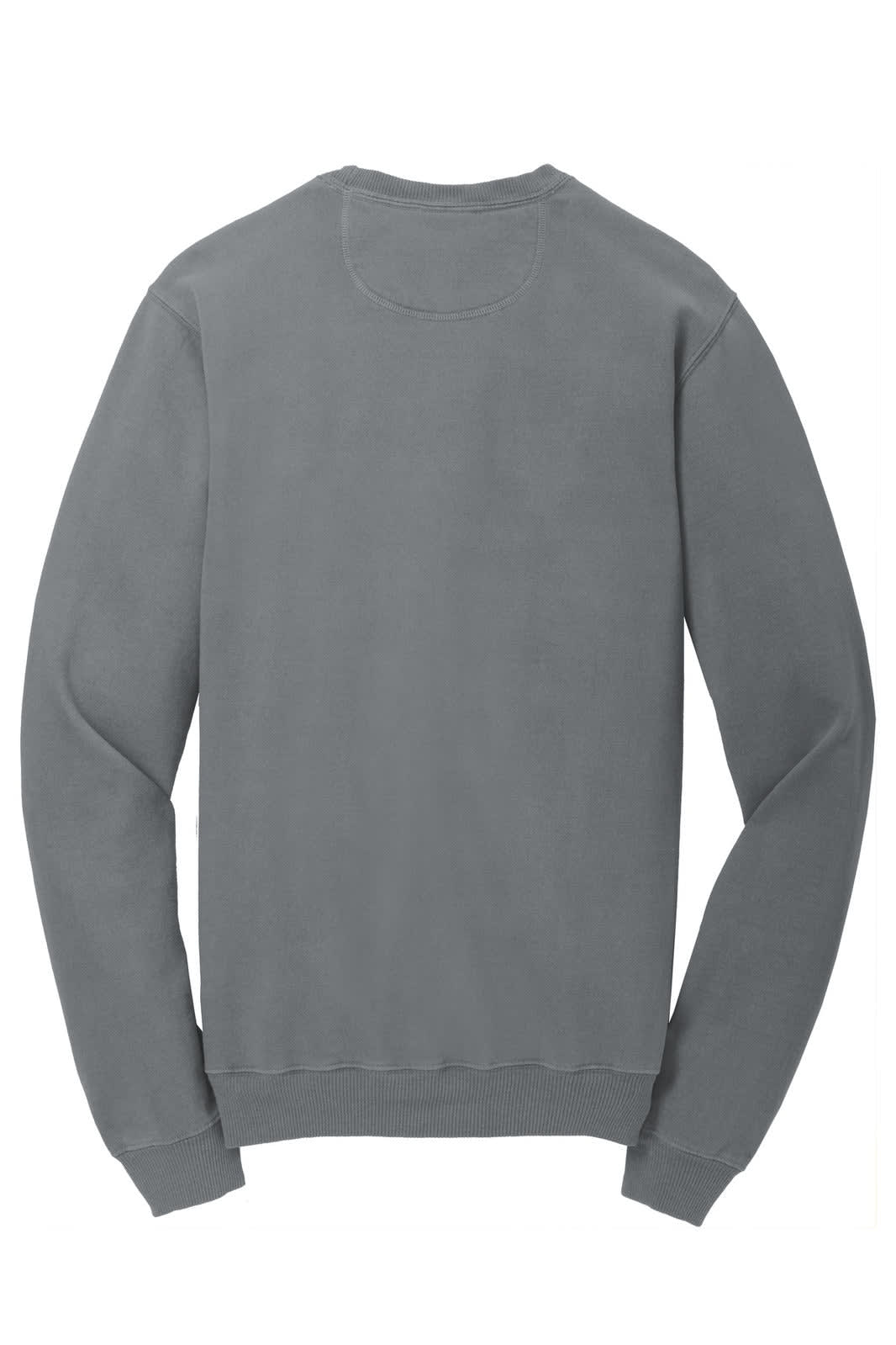 A grey crewneck sweatshirt with long sleeves and a simple design. It has a logo on the back.