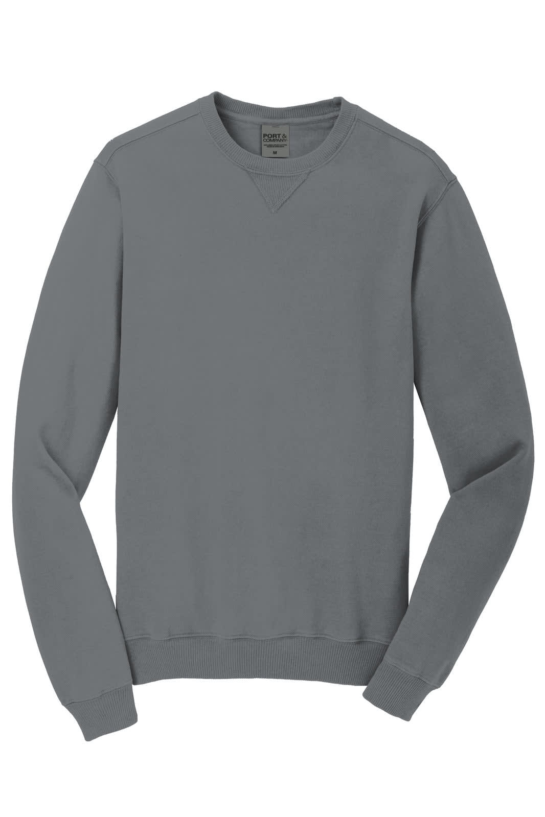 A grey crewneck sweatshirt with long sleeves and a logo on the label. Suitable for casual wear.
