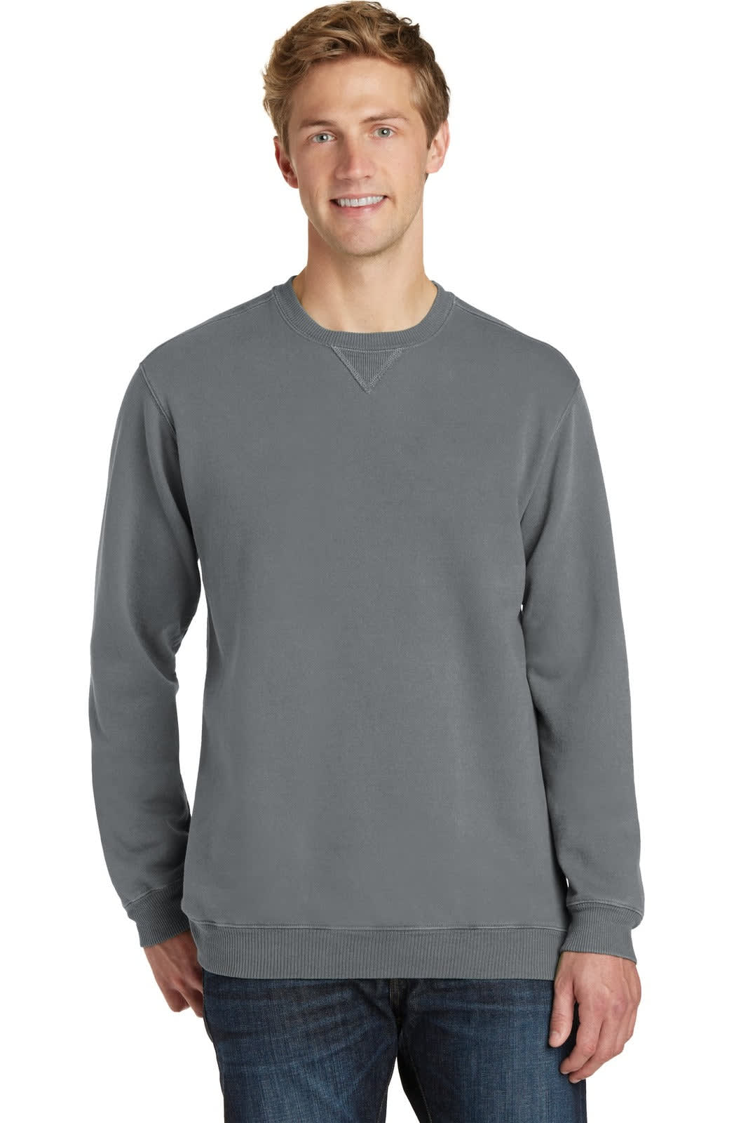 A grey crewneck sweatshirt featuring a relaxed fit, long sleeves, and a subtle logo.