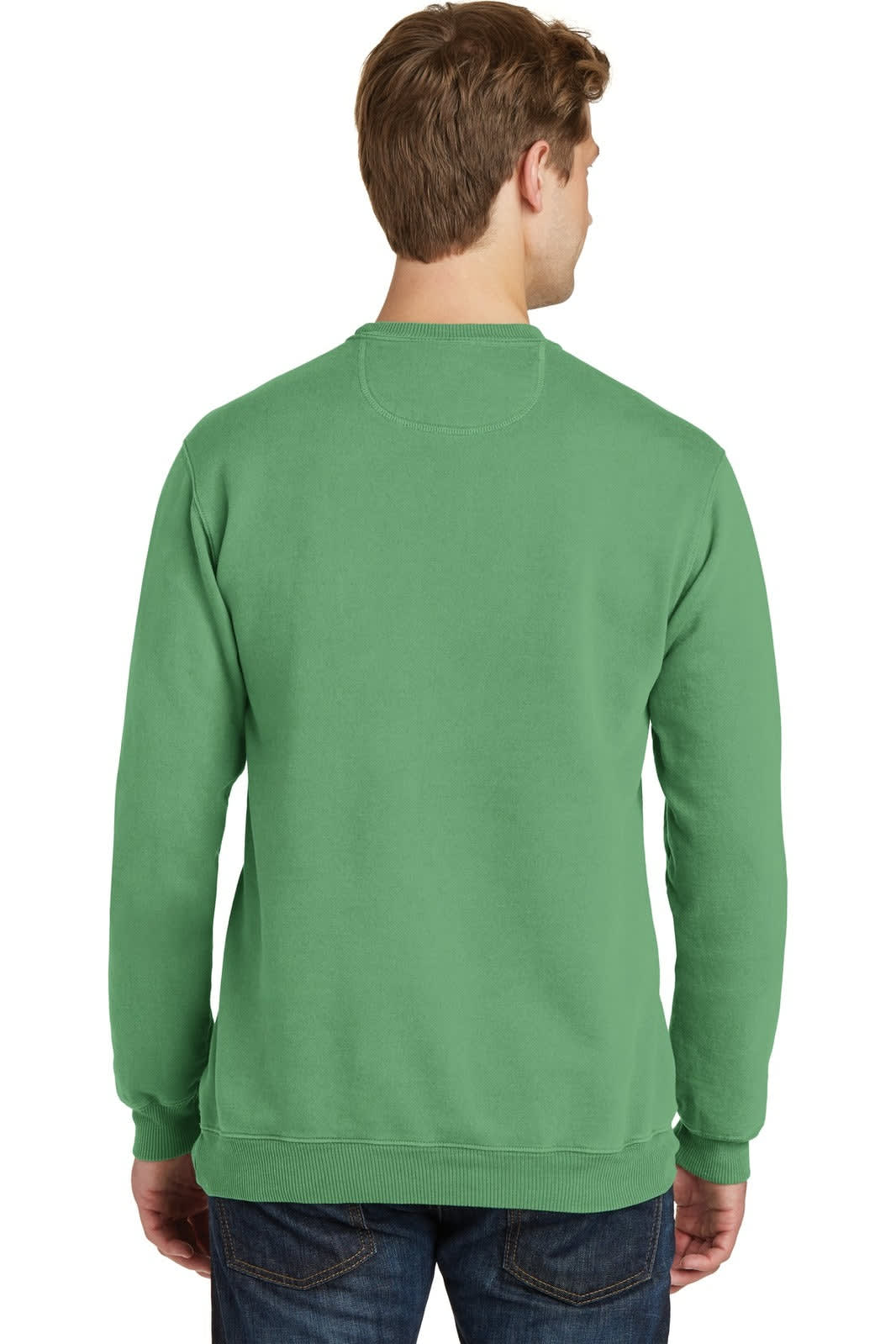 A green crewneck sweatshirt with a simple design and a logo on the back.