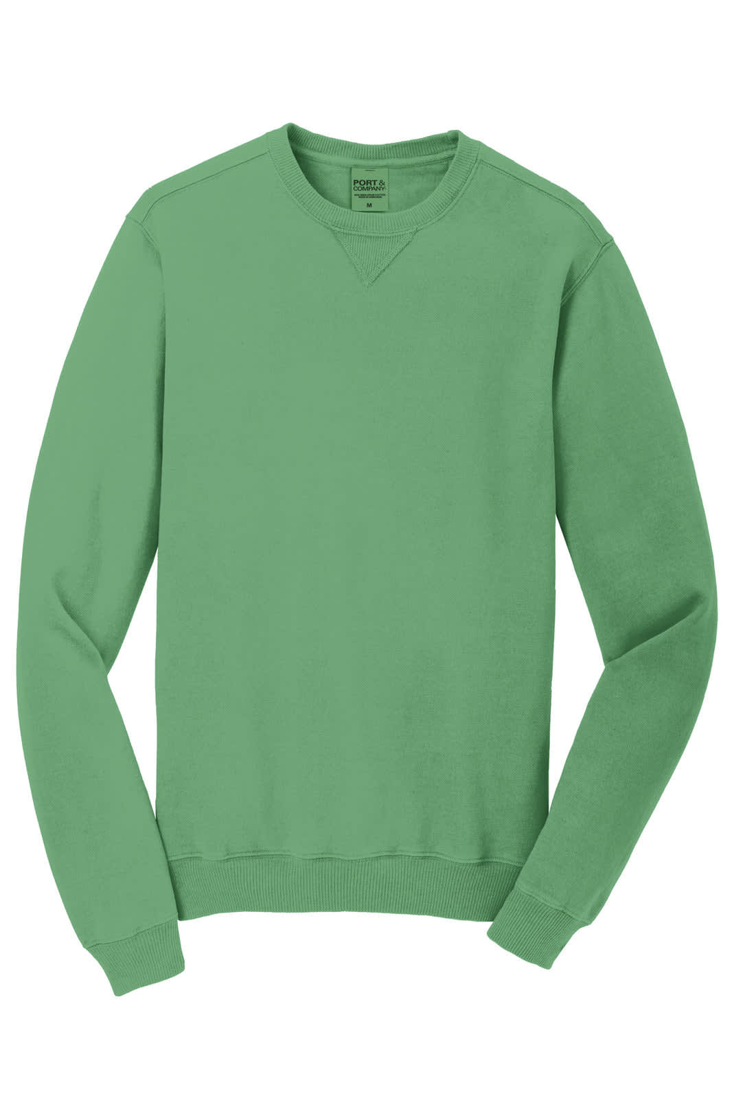 A green crewneck sweatshirt with a solid design and a logo on the label. Suitable for casual wear.