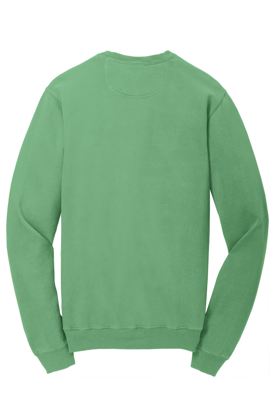 A green pigment-dyed crewneck sweatshirt with long sleeves and a casual fit, featuring a logo on the back.