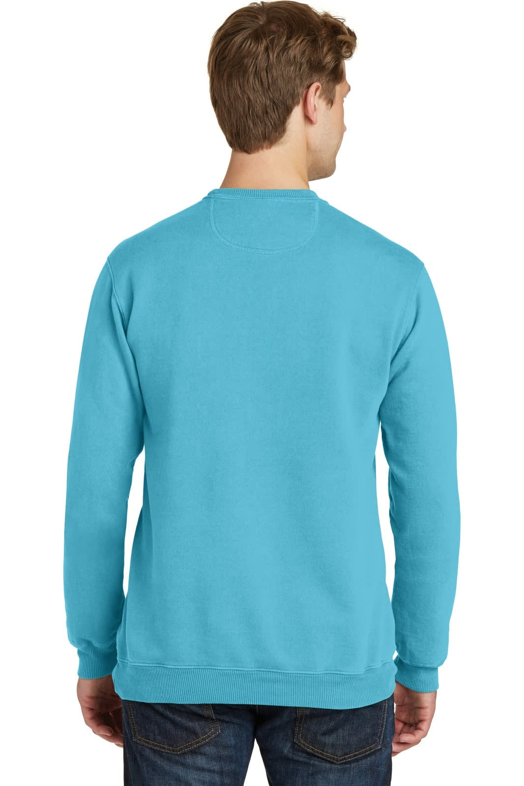 A blue pigment-dyed crewneck sweatshirt displayed from the back, featuring long sleeves and a casual fit.