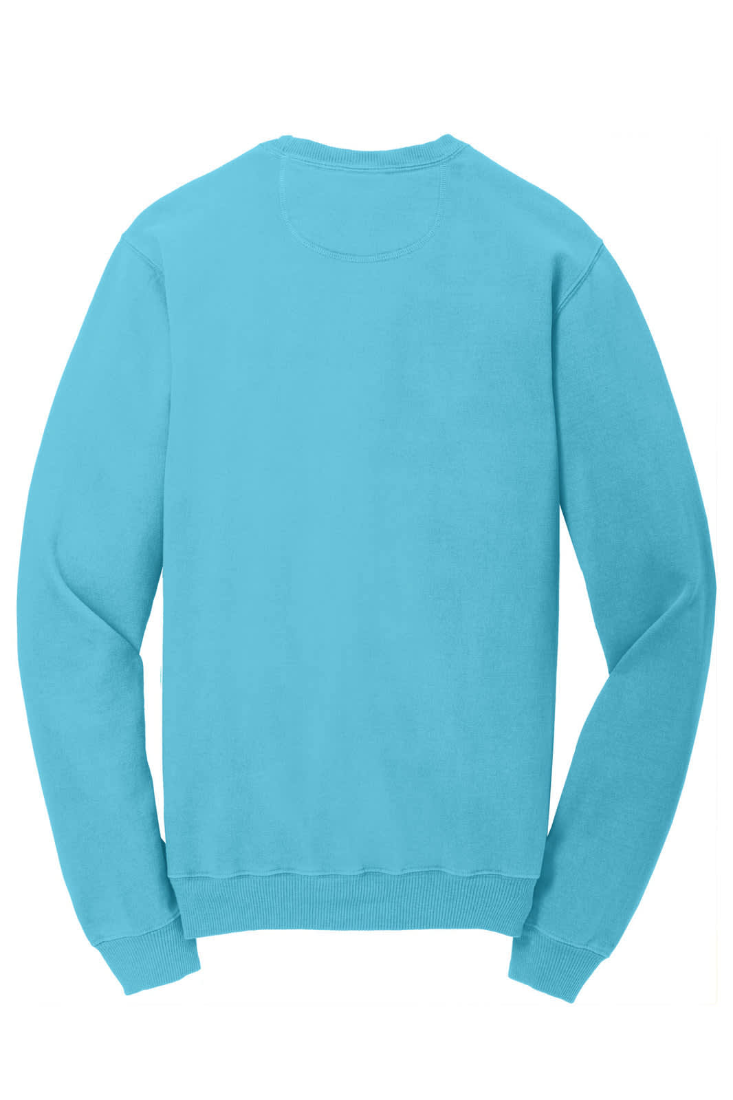 A turquoise crewneck sweatshirt with long sleeves, featuring a plain back and ribbed cuffs.