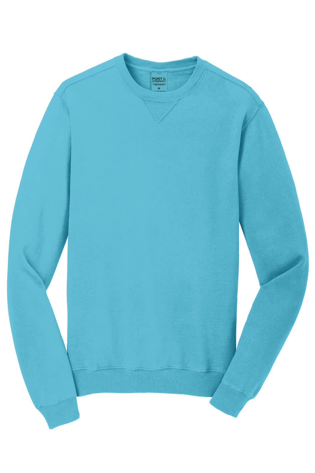 A light blue crewneck sweatshirt featuring long sleeves and a simple design, with a logo on the front.