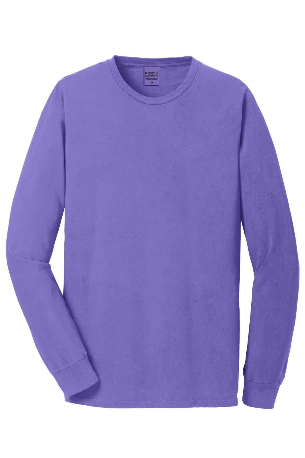 A long sleeve T-shirt in a vibrant purple colour, featuring a logo on the chest area.