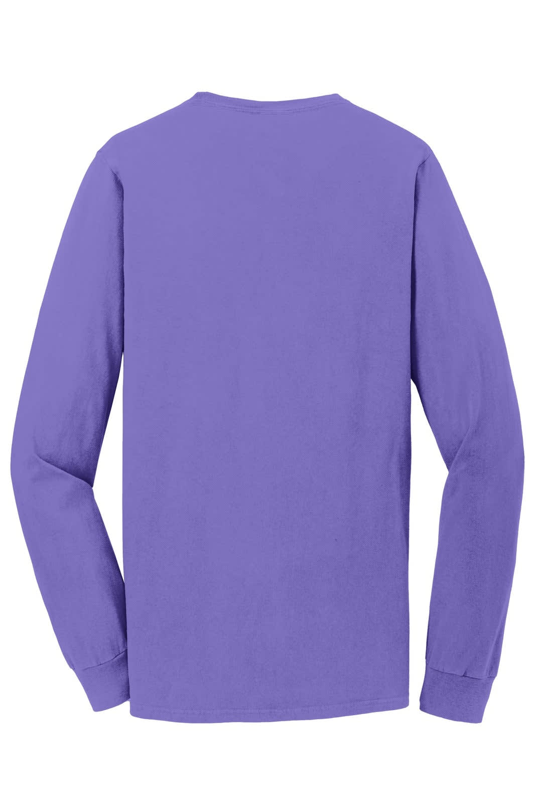 A purple long sleeve tee with a plain back and long sleeves, featuring a small logo on the neck area.