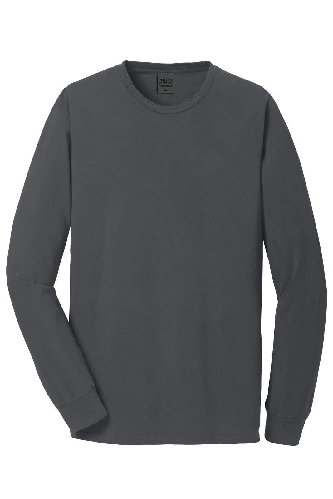 A long sleeve t-shirt in dark grey, featuring a simple design and a logo on the label.