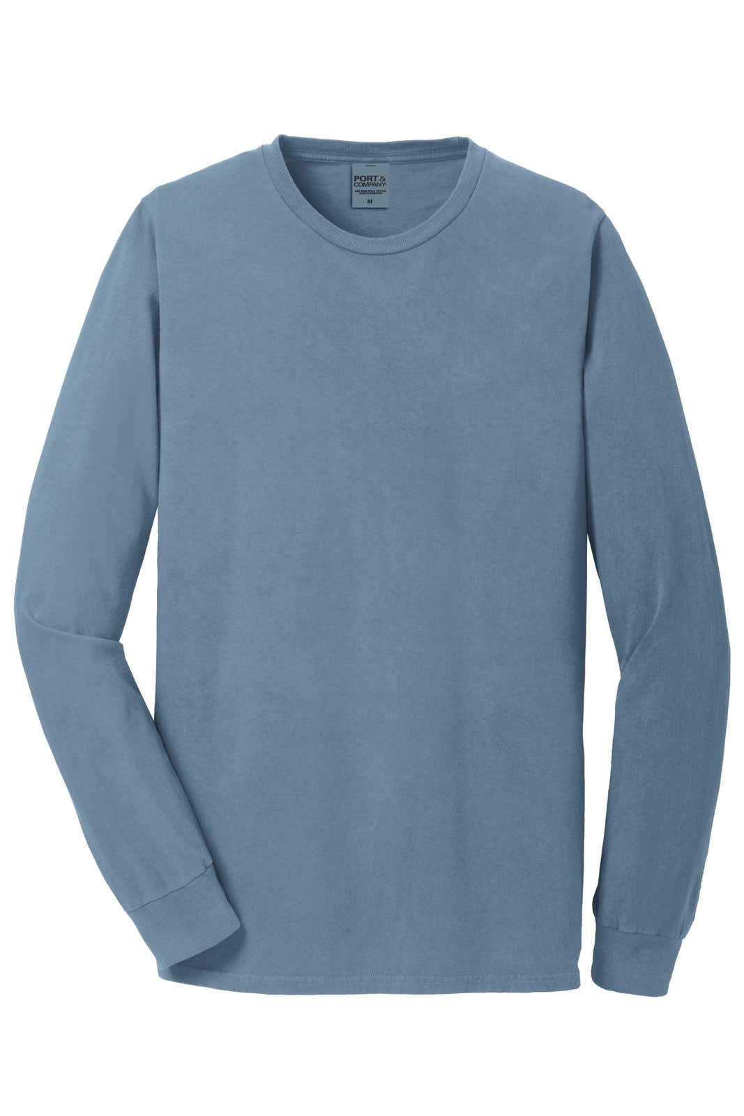 A long sleeve tee in a soft blue colour. Features a crew neck and has a logo on the label.