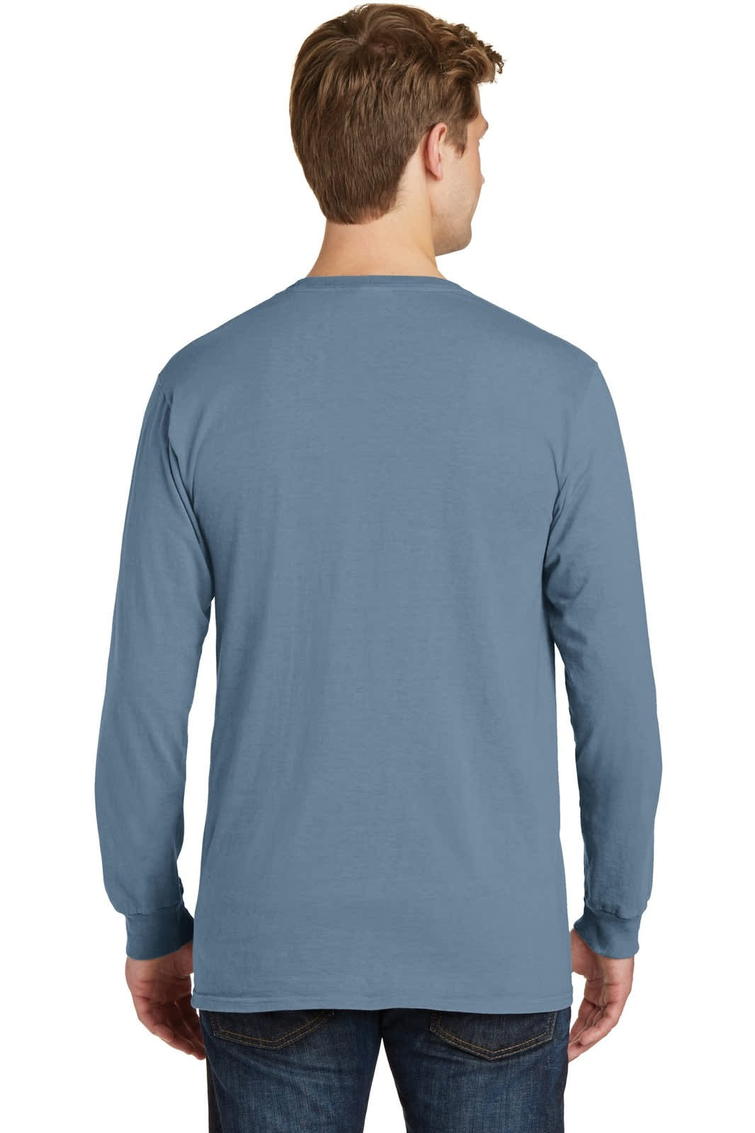 A long sleeve tee in a light blue colour, featuring a plain back view. It has a logo on the side.