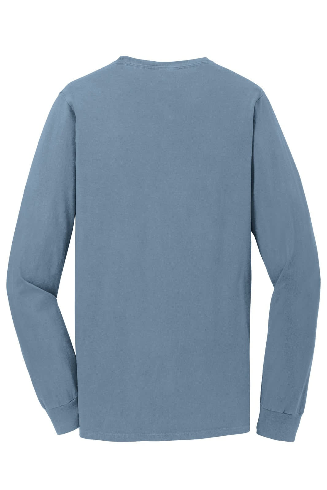 A long sleeve tee in a soft blue hue, featuring a simple back design and a logo.