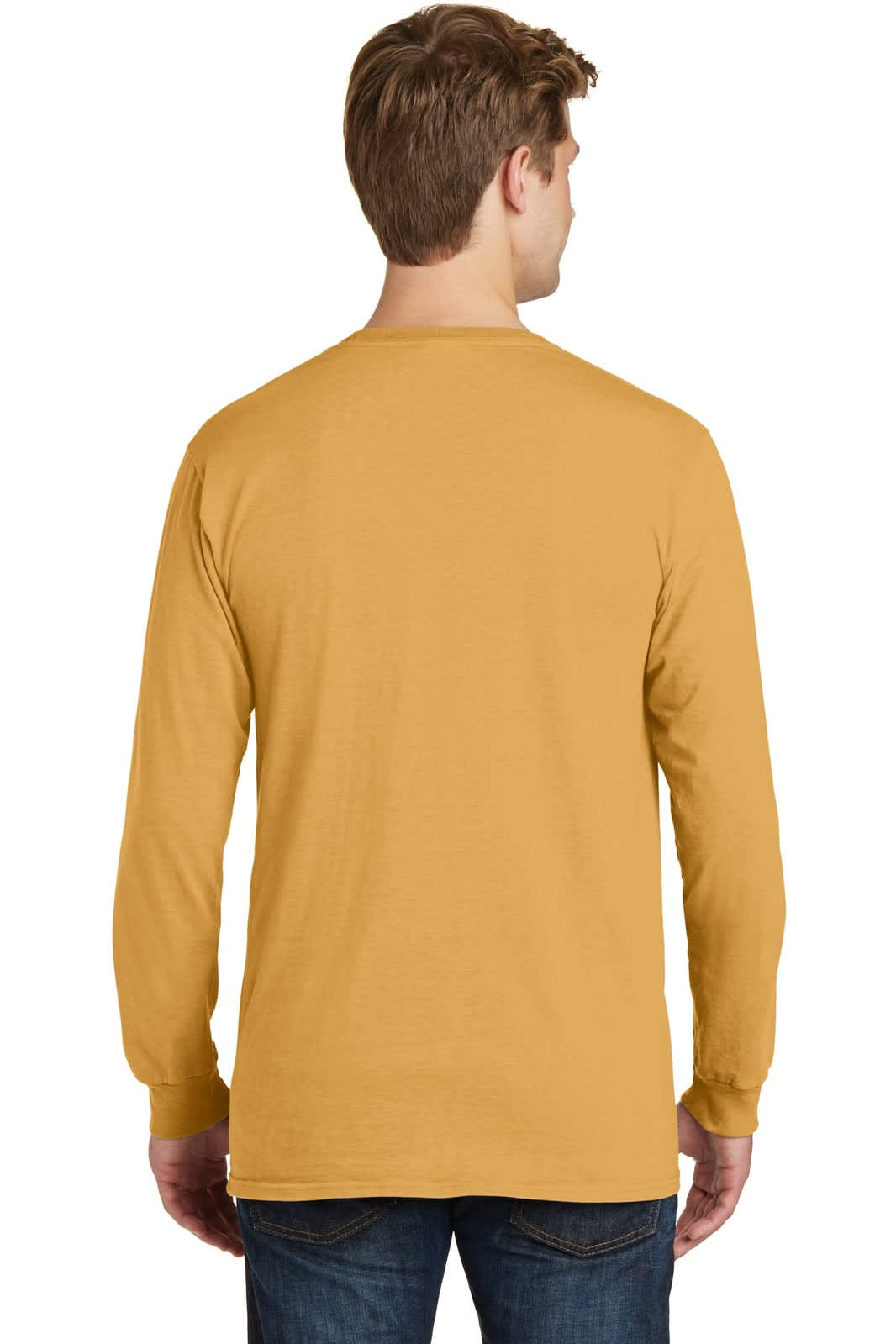 A man wearing a long sleeve, pigment-dyed tee in a warm mustard colour, viewed from the back.