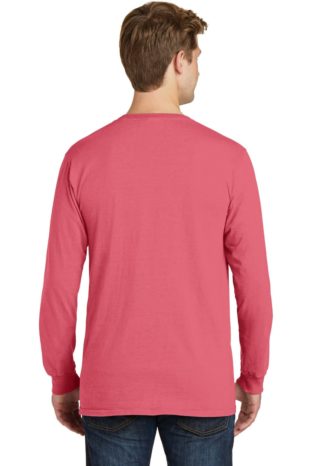 A pink long sleeve tee with a plain back. The person is wearing jeans. The shirt features a logo.