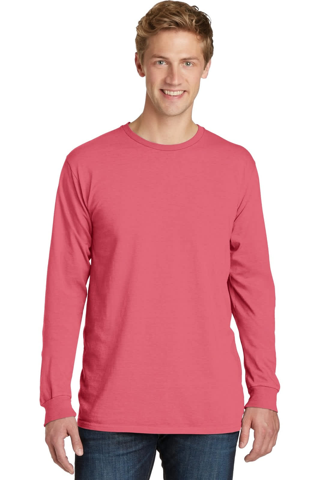 A man is wearing a long sleeve tee in a deep pink colour, featuring a simple design and a small logo.
