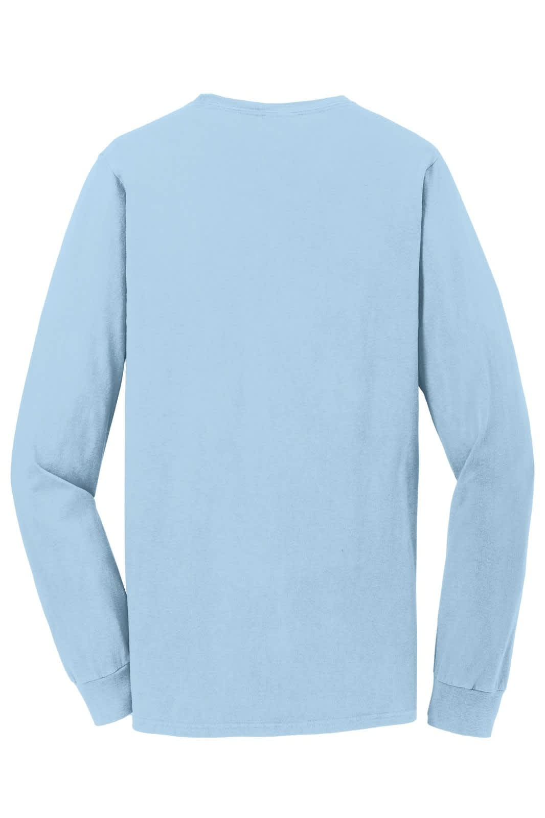 A long sleeve T-shirt in a light blue colour featuring a plain back and a logo on the tag.