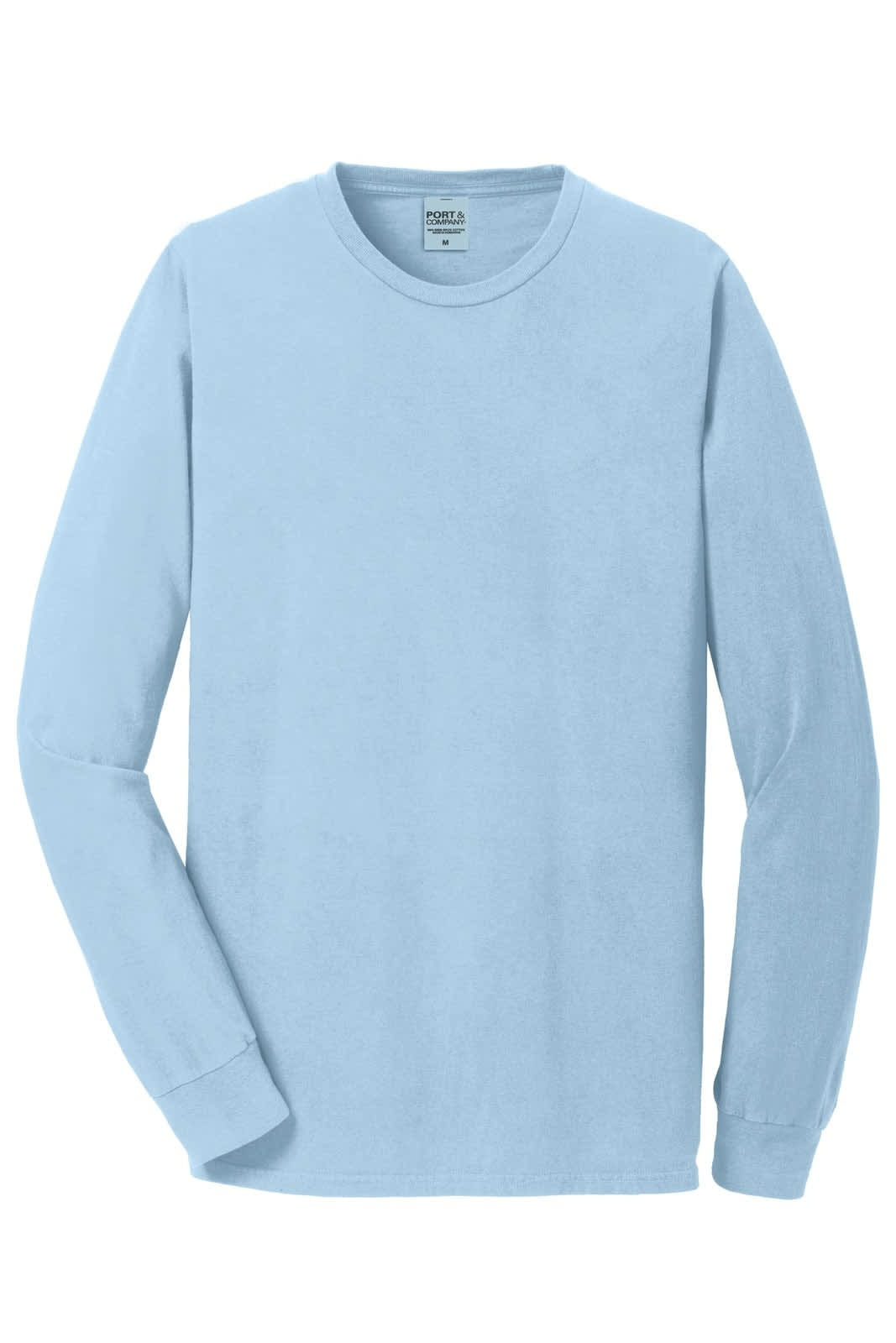 A light blue long sleeve T-shirt with a round neckline and one logo on the label.