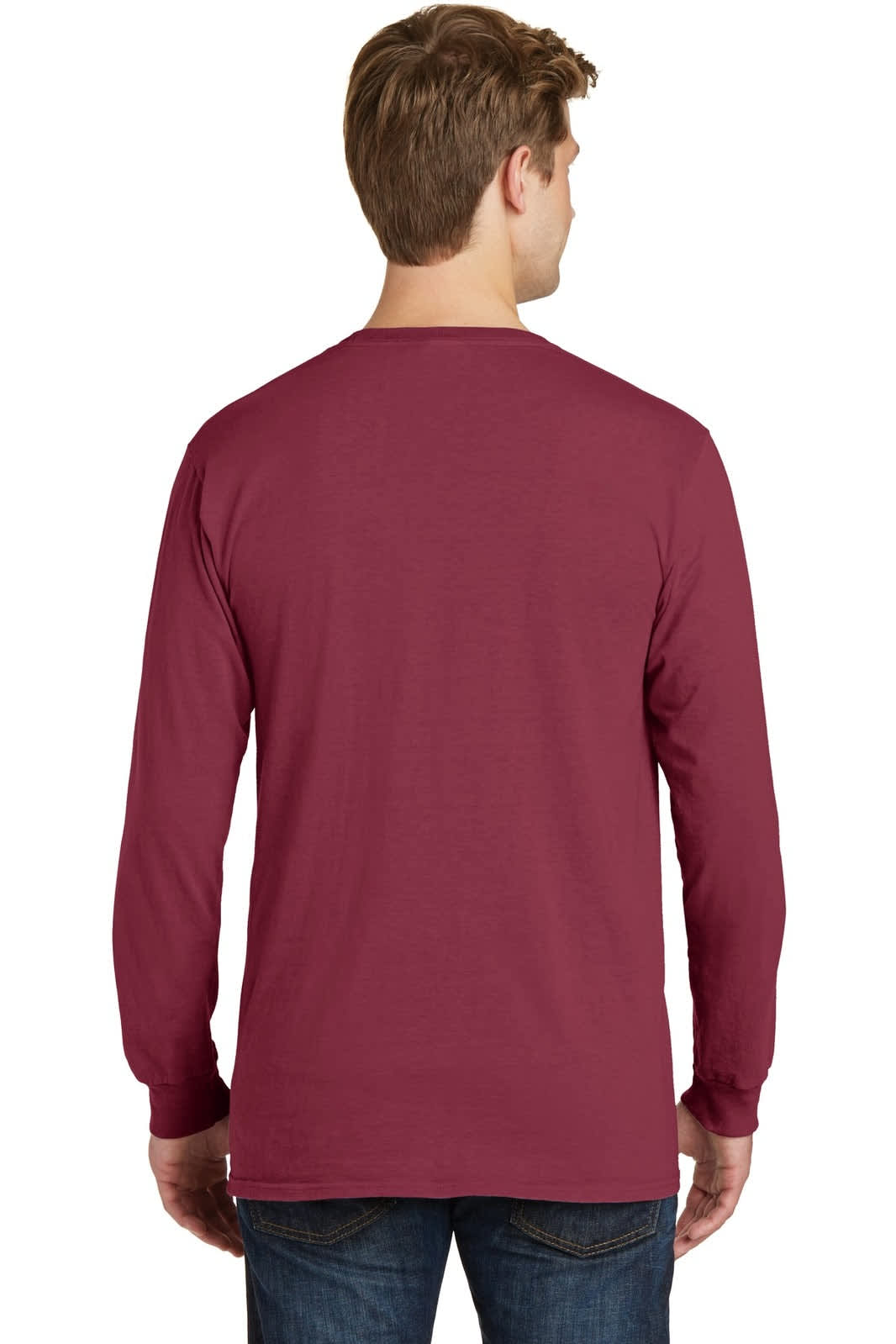 A maroon long sleeve t-shirt viewed from the back, featuring a logo on the garment.