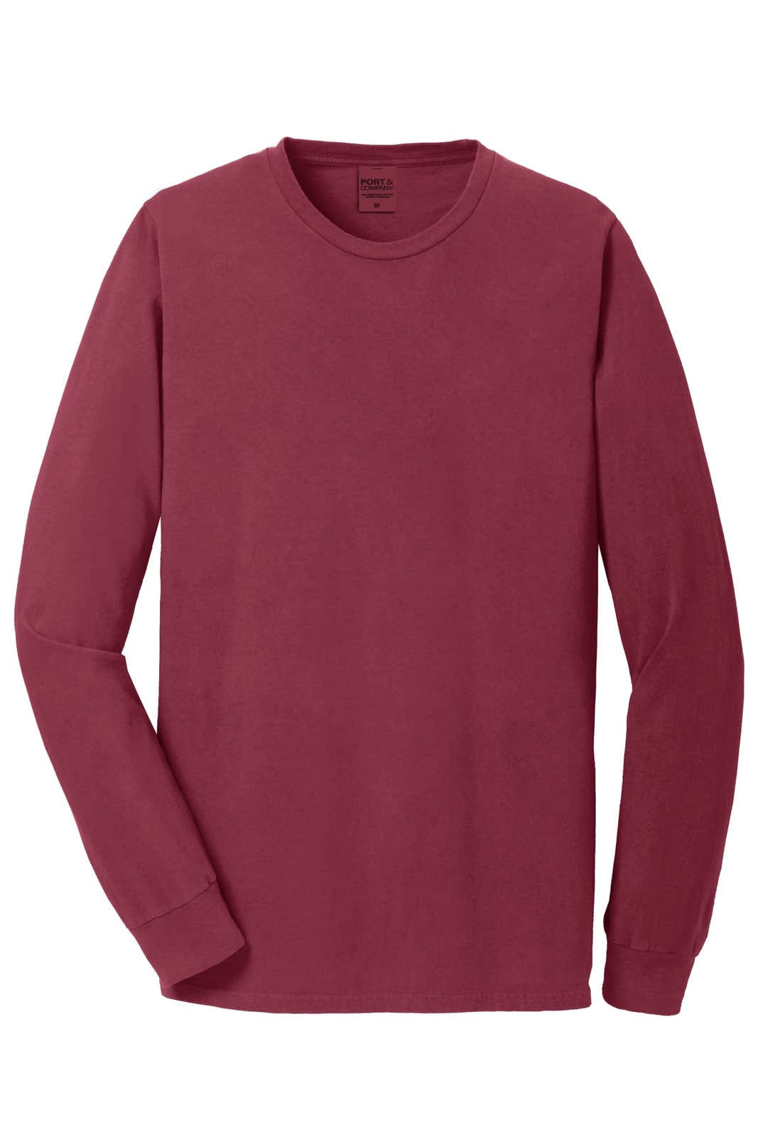 A maroon long sleeve tee from Port & Company, featuring a logo on the label.